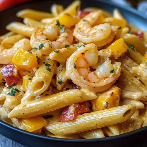 Cremige jamaikanische Garnelen Rasta Pasta