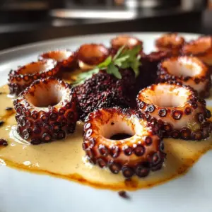 Oktopus-Münze mit geräucherter Paprika-Creme und Olivenboden