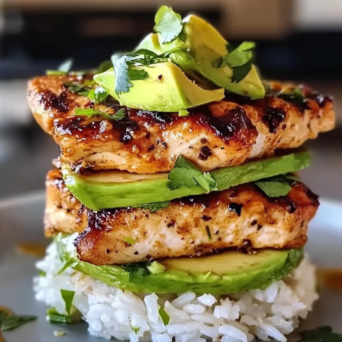 Honig-Limetten-Hühnchen & Avocado-Reis-Stapel