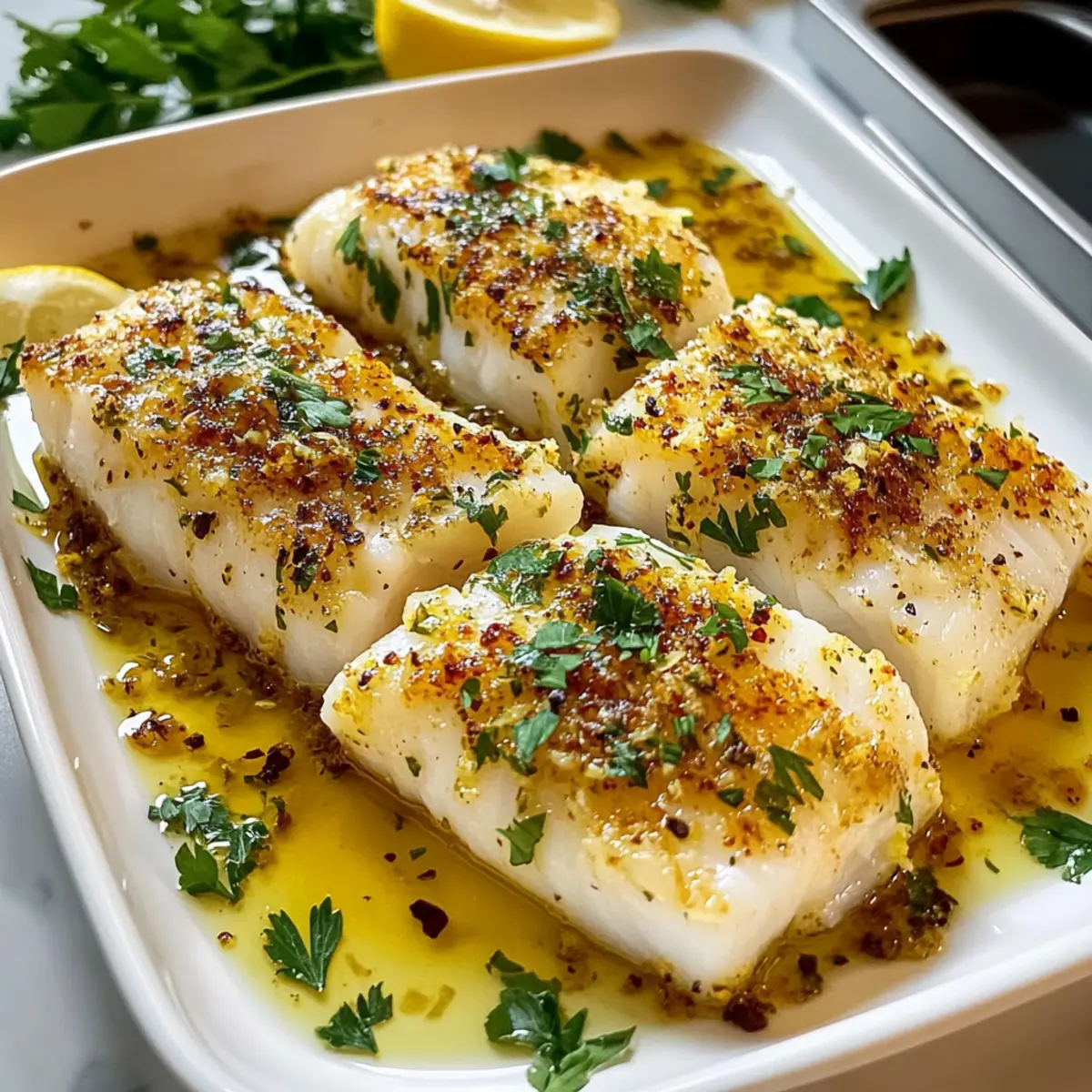 Mediterraner gebackener Kabeljau mit Zitrone und Knoblauch