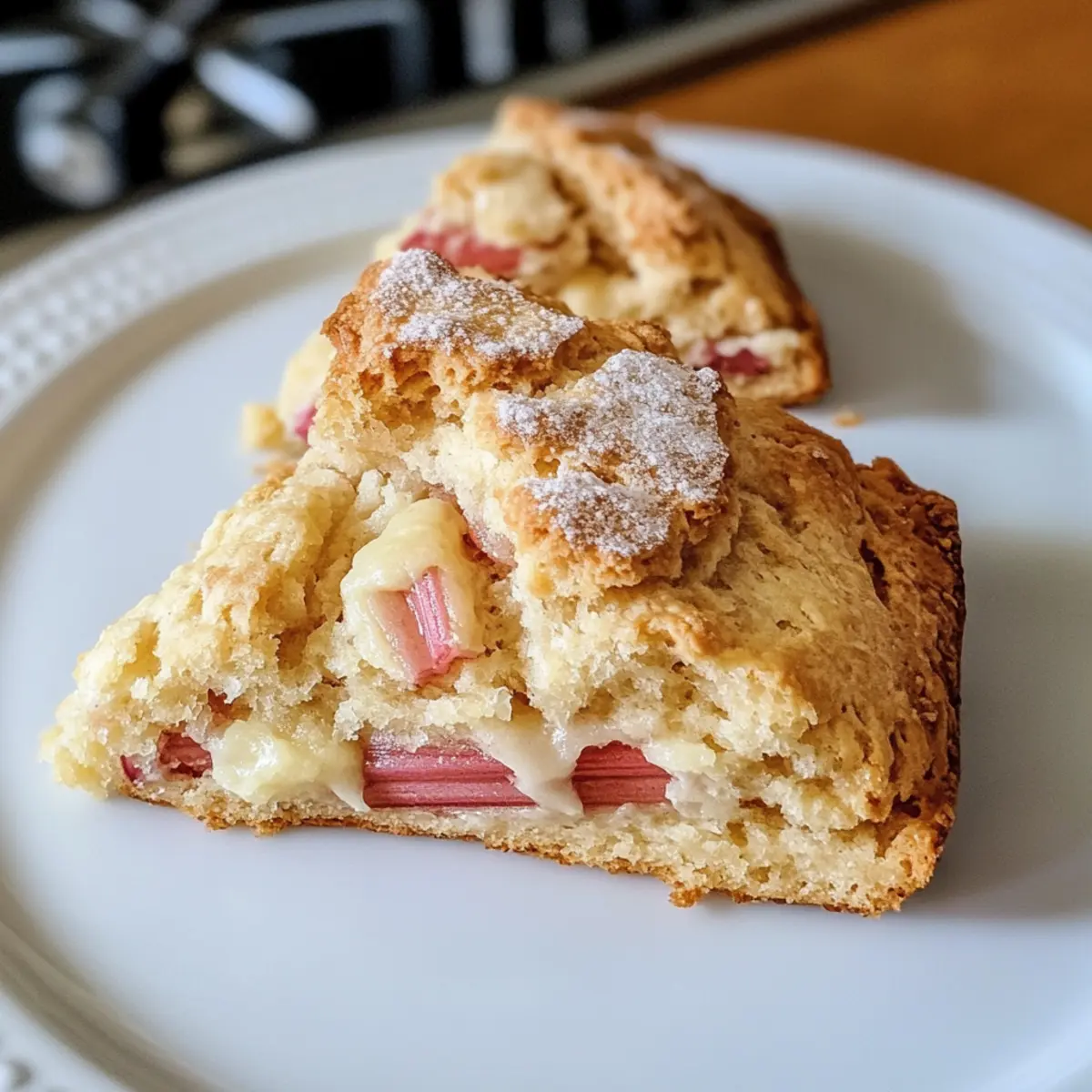 Rhabarber Scones Rezept: Zutaten: - 250 g Mehl - 125 g Butter - 50 g Zucker - 1 EL Backpulver - 1 Prise Salz - 150 g Rhabarber, gehackt - 150 ml Milch - 1 Ei Anleitung: 1. Ofen auf 220°C vorheizen. 2. Mehl, Zucker, Backpulver und Salz in einer Schüssel vermengen. 3. Butter in kleinen Stückchen hinzufügen und mit den Fingern einarbeiten, bis die Mischung krümelig ist. 4. Rhabarber unterheben. 5. Milch und Ei hinzufügen und alles gut vermischen. 6. Den Teig auf einer bemehlten Fläche ausrollen und in Scone-Formen schneiden. 7. Scones auf ein Blech legen und im Ofen 15-20 Minuten backen, bis sie goldbraun sind.