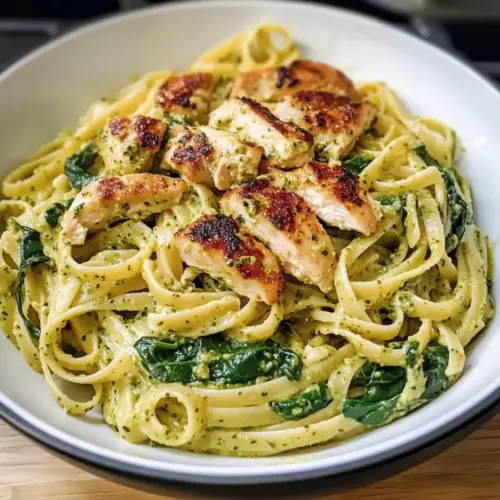 Einfache cremige Hähnchen-Pesto-Pasta mit Spinat