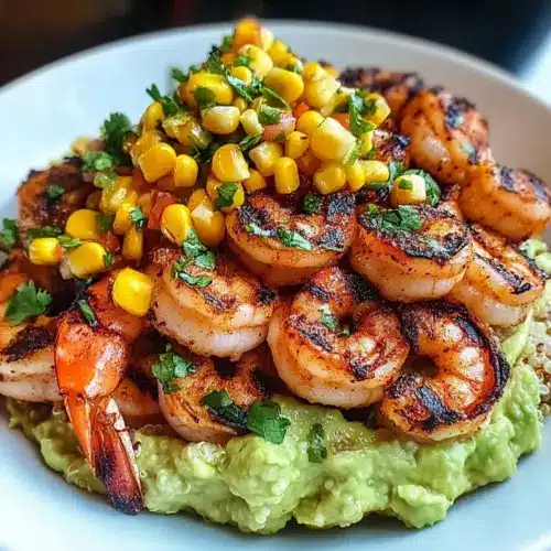 Gegrillte Garnelen-Schale mit Avocado, Mais-Salsa und cremiger Soße