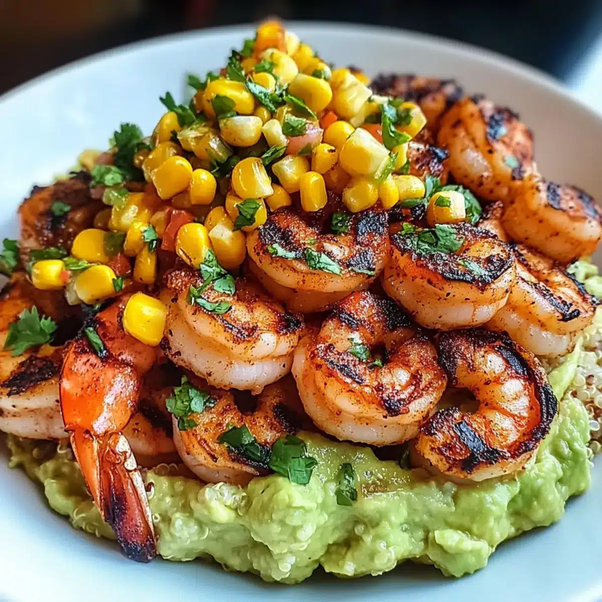 Gegrillte Garnelen-Schale mit Avocado, Mais-Salsa und cremiger Soße