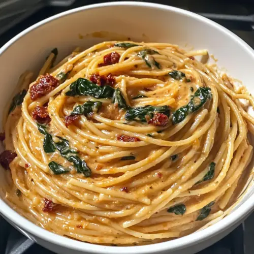 Spaghetti & Spinat mit getrockneten Tomaten-Sahnesauce